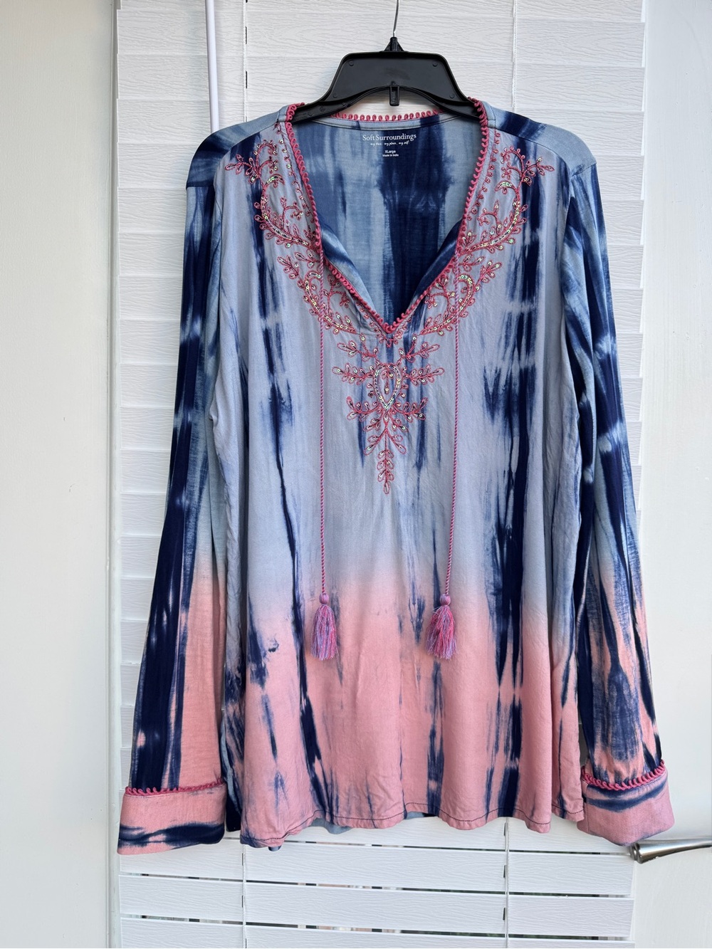 Soft Surroundings XL Embroidered Tie Dye Tunic Boho Viscose Pink Blue Tassels - Picture 3 of 10